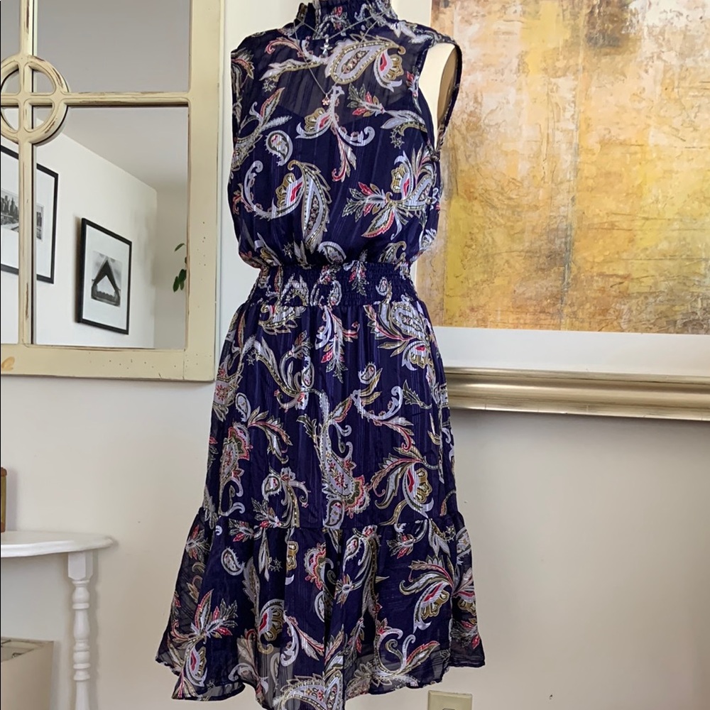 Nanette Lepore Blue and White Pleated Midi Dress Mock Neck
